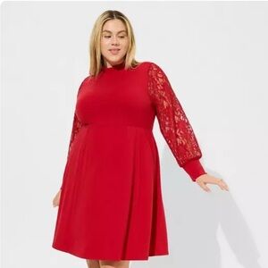 Torrid The Knee Jersey Lace Sleeve Mock Neck Skater Dress NWT